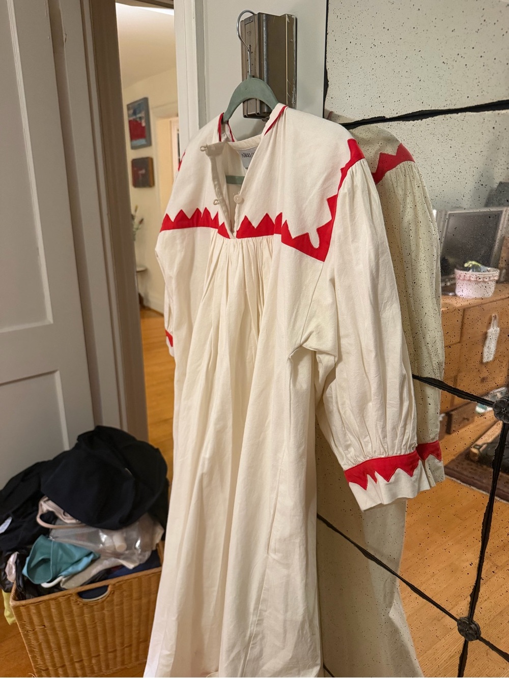 White Cotton Midi Dress with Red Zigzag Trim - Women - Picture 6 of 11